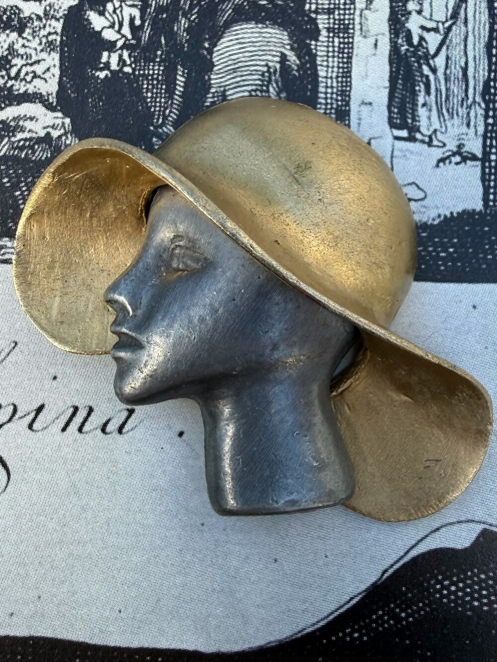 Vintage Ultra Craft Lady Face Profile Sun Hat Brooch Pin Art Deco Figural